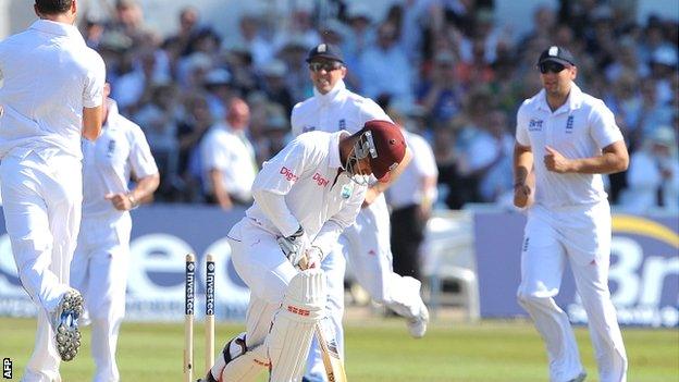 Kieran Powell is bowled by James Anderson