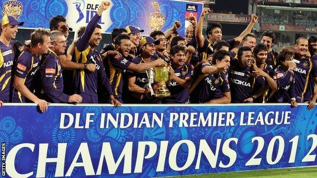 Kolkata Knight Riders celebrate with the IPL trophy