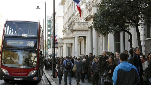 Outside French embassy in London