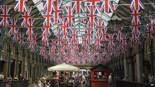 Shopping area decorated with Union Jacks