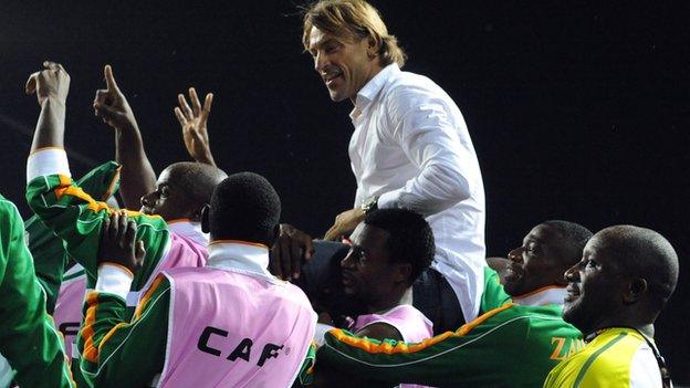 Zambia coach Herve Renard is hoisted aloft after winning the 2012 Africa Cup of Nations