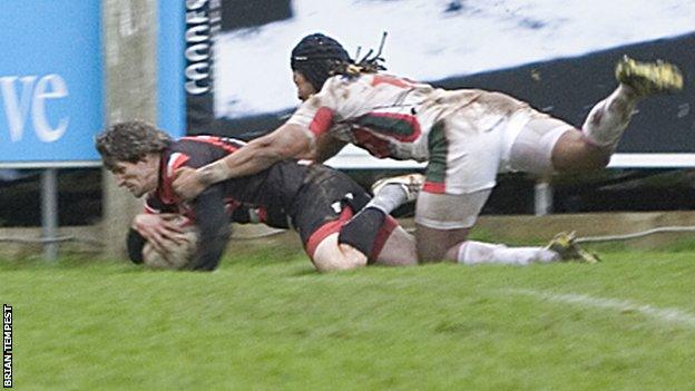 Rhodri McAtee's last try for the Pirates was against Plymouth Albion in December