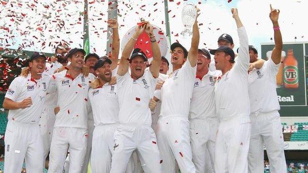 England celebrate their last Ashes win in 2011 in Australia