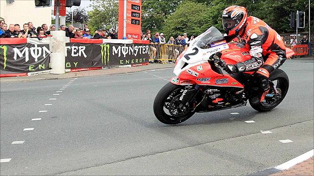 KMR Kawasaki team rider Ryan Farquhar in action at the Isle of Man TT road races