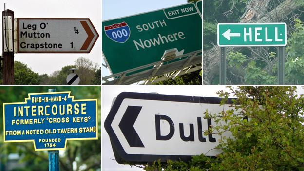 From top left, clockwise: Road sign by Mark Robinson, Thinkstock, Hell sign by Ann Aurbach, Dull sign by Trish Steel, Thinkstock