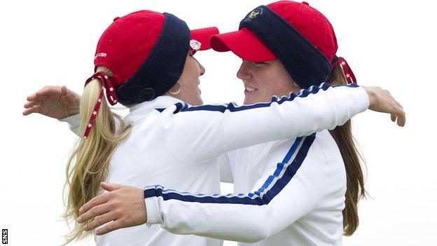 USA pair Brooke Pancake (left) and Austin Ernst celebrate after winning their match