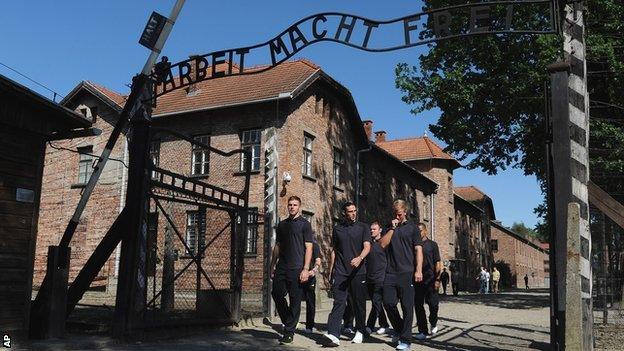 England players at Auschwitz-Birkenau