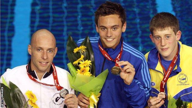 Peter Waterfield, Tom Daley and James Denny pose with their medals after the men's 10m platform final during the British Gas Diving Championships