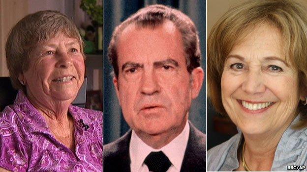 Judy Hoback (l), Richard Nixon (m), Debbie Sloan (r)