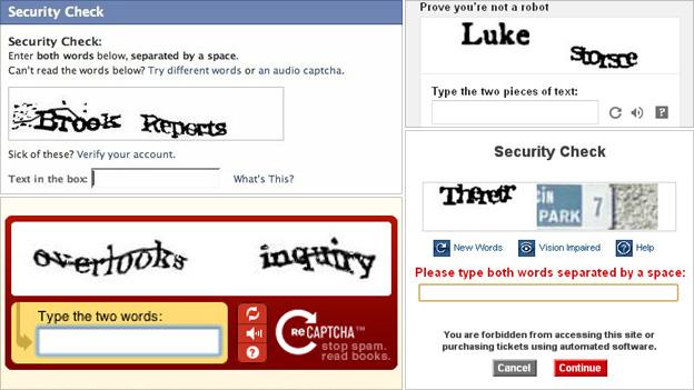 Captcha images (from top left, clockwise) Facebook, YouTube, Ticketmaster, Captcha