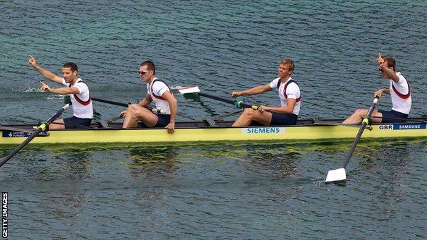 Great Britain lightweight men's four Chris Bartley, Richard Chambers, Rob Williams and Peter Chambers celebrate gold at the World Cup event in Munich