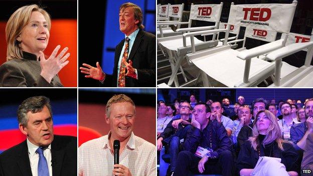 From top left, clockwise: Hillary Clinton, Stephen Fry, empty TED chairs, TED delegates, Rory Bremner, Gordon Brown