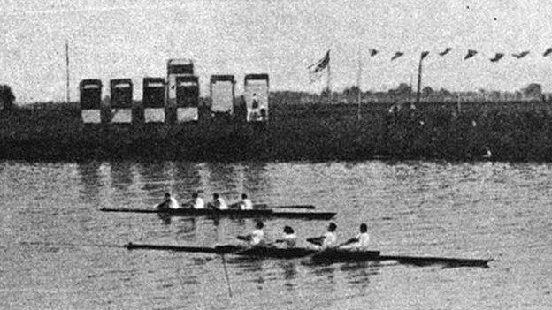 The GB coxless fours hold off a challenge from Canada in the 1924 Olympic final