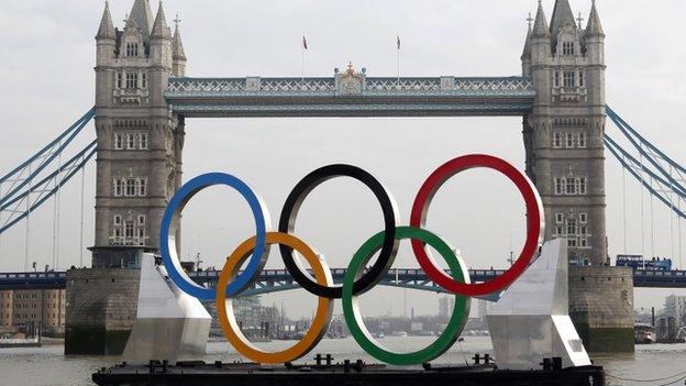 The Olympic rings are pulled down the River Thames (file pic)