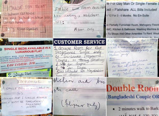 Nine images of flat advertisements, each citing the desired race or sexuality of the prospective tenant