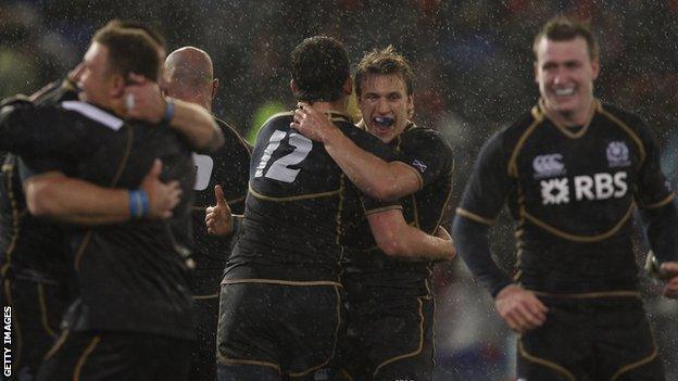 Scotland celebrate their 9-6 win over Australia