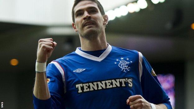 Kyle Lafferty celebrates scoring for Rangers