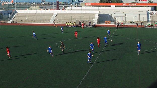 Gibraltar taking on Jersey at the Victoria Stadium