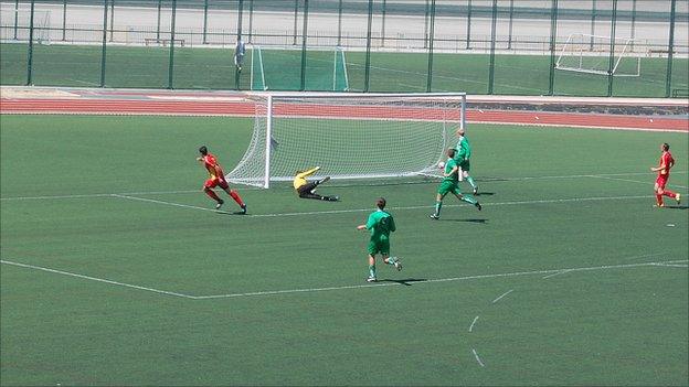 The Isle of Man in action against Guernsey at the Victoria Stadium in Gibraltar