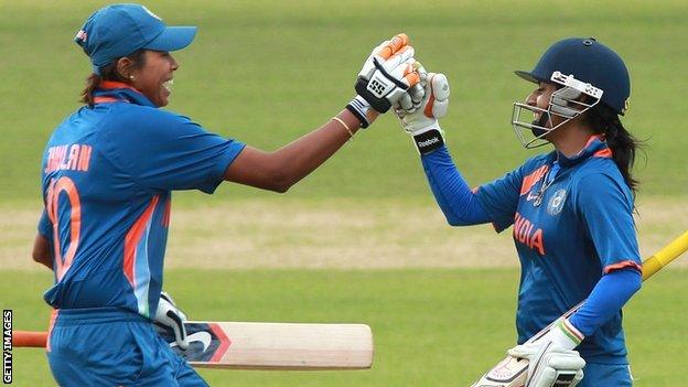 Jhulan Goswami and Mithali Raj celebrate India's win