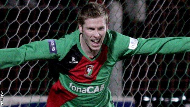 Darren Boyce celebrates after scoring for Glentoran