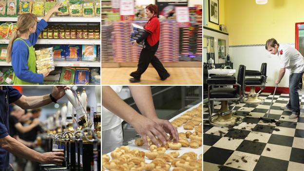 From top left clockwise, woman stacking shelves, shop assistant, man sweeping in hairdresser, factory worker, man pulling pint