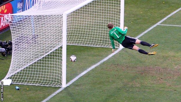 Frank Lampard's shot crosses the line against Germany in the 2010 World Cup