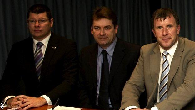 Neil Doncaster, Scottish Football League chief executive David Longmuir and Stewart Regan