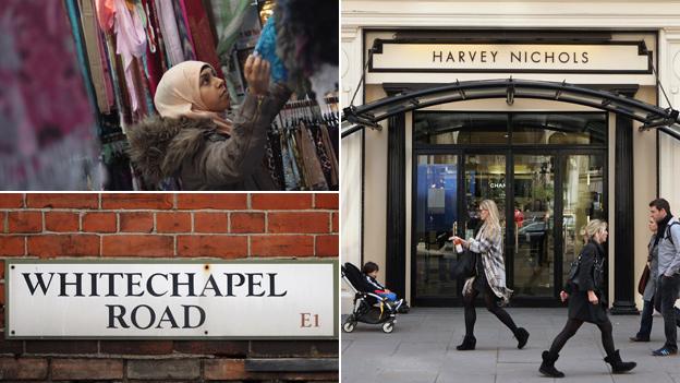 Woman shopping at Whitechapel market, Tower Hamlets and pedestrians outside Harvey Nichols department store, Chelsea