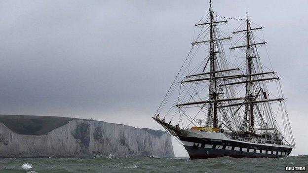 The torch also took a trip on the tall ship Stavros S Niarchos, which struggled into harbour in the inclement weather conditions