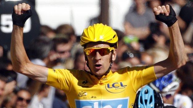 Bradley Wiggins celebrates winning the Tour de France