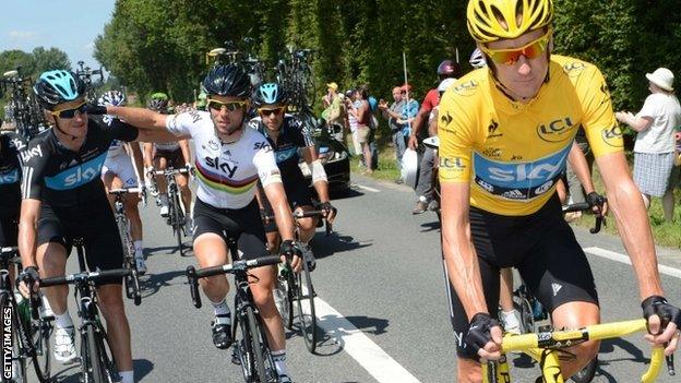 (l-r) Chris Froome, Mark Cavendish and Bradley Wiggins