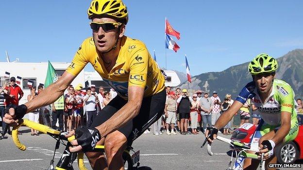 Bradley Wiggins leads Vincenzo Nibali of Italy up La Toussuire at the end of stage eleven of the 2012 Tour de France