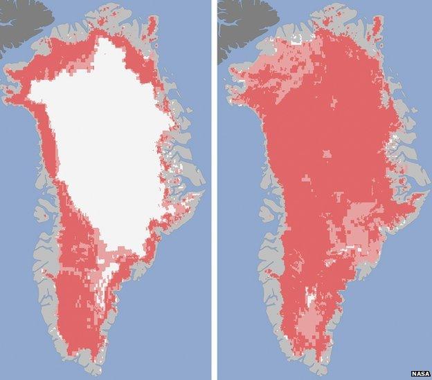 Satellite images showing Greenland's ice sheet melt