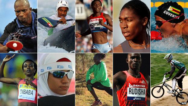 Top: (L-R)Segun Toriola, Benjamin Boukpeti, Caster Semenya, Kirsty Coventry; Bottom (L-R): Tirunesh Dibaba, Aya Medany, Mary Keitany, David Rudisha, Sifiso Nhlapo