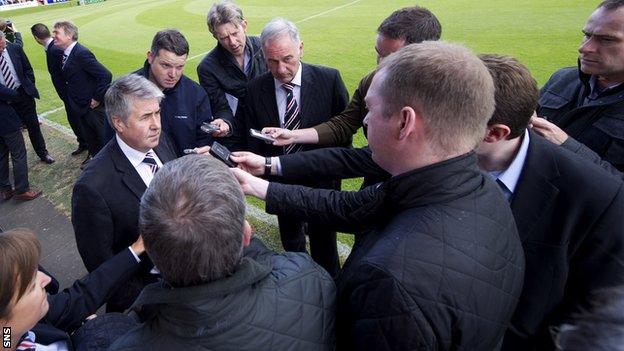 Green talks to the media at Glebe Park, Brechin