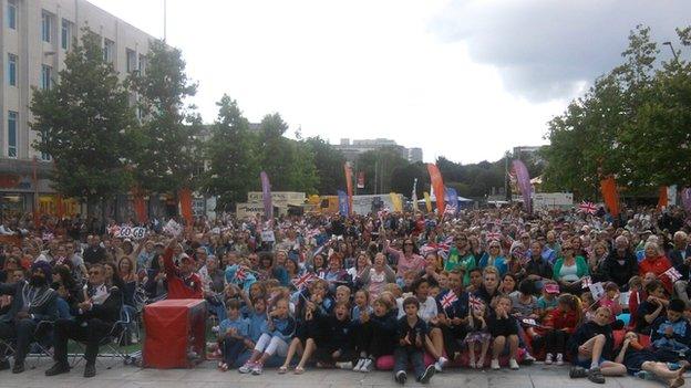 Crowds watching Tom Daley diving at the BBC Big Screen in Plymouth