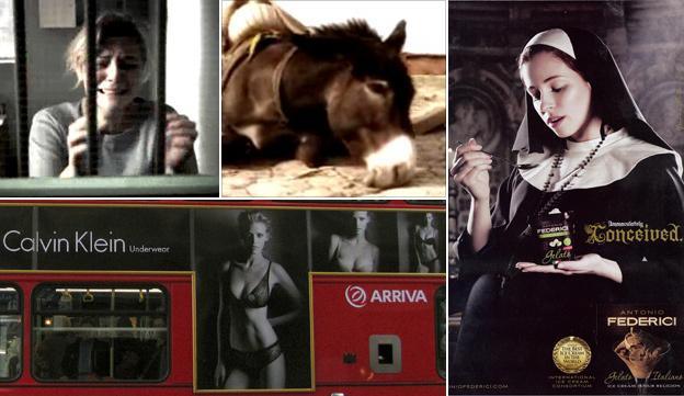 From top left, clockwise: Barnardo's advert, Brooke hospital, ice-cream advert, underwear advert on London bus