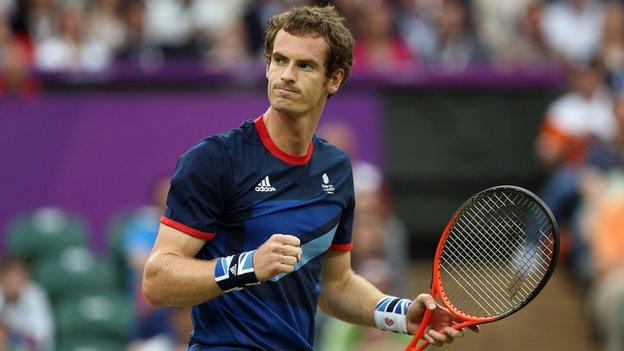 Andy Murray celebrates at the Olympics.
