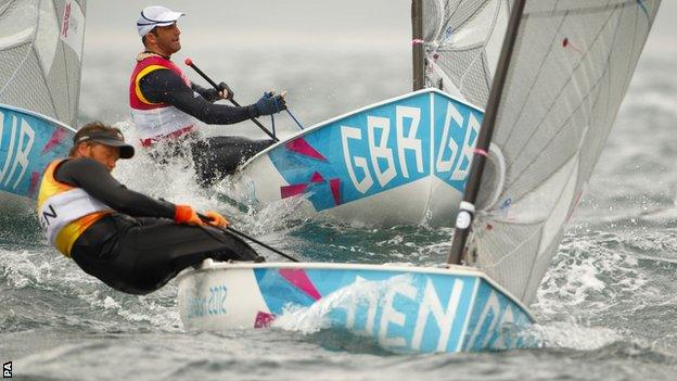 Great Britain's Ben Ainslie (top) chases Denmark's Jonas Hogh-Christensen in the Finn class in Weymouth