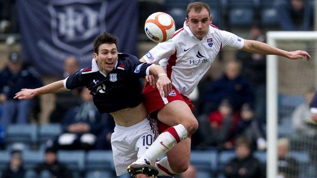 Dundee's Carl Finnigan and Ross County's Grant Munro challenge for a high ball