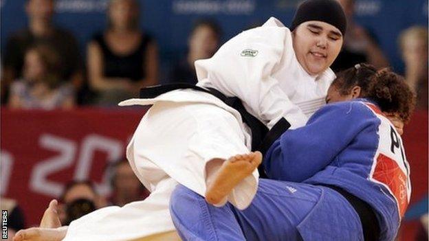 Saudi Arabia's Wojdan Shahrkhani in action at her first Olympic Games