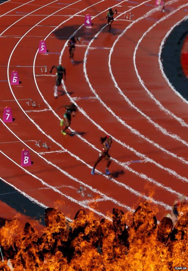 Women 400m heat shimmers in the heat of the Olympic Cauldron, 3 August 2012