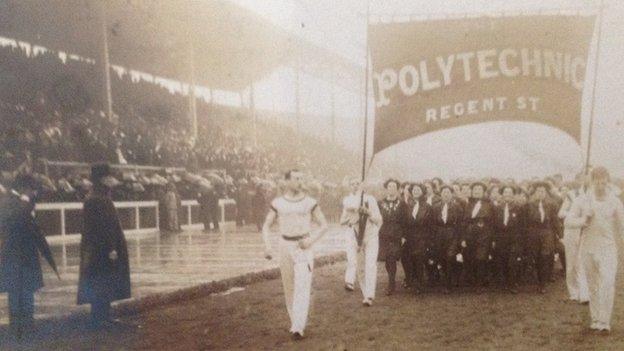 British athletes in 1908, Edward Blatch in the centre in a white uniform. Family photo