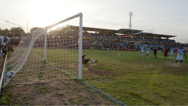 Southern Sudan score a penalty against Uganda at the Juba Stadium, 10 July 2012