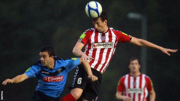 Shane McEleney wins an aerial duel against UCD last month