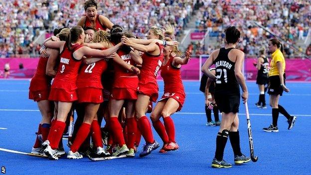 Britain's women celebrate winning bronze against New Zealand