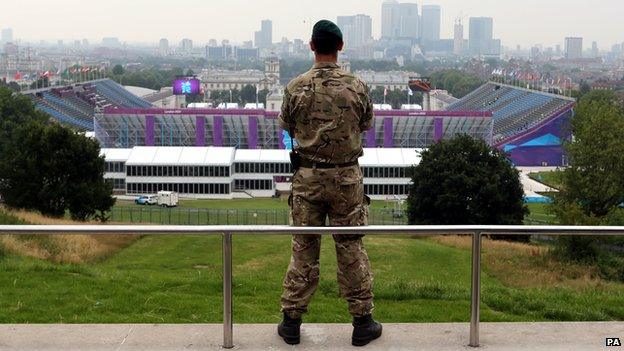 A soldier overlooks Greenwich Park equestrian venue