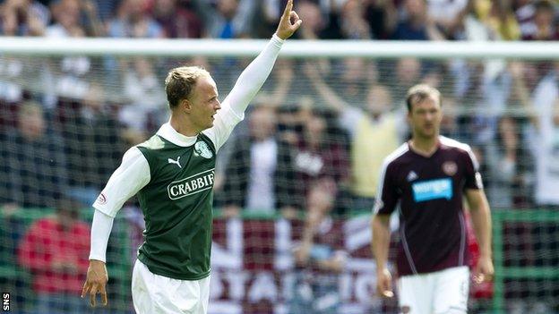 Leigh Griffiths celebrates his goal for Hibernian