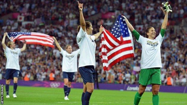 US women's football team celebrate